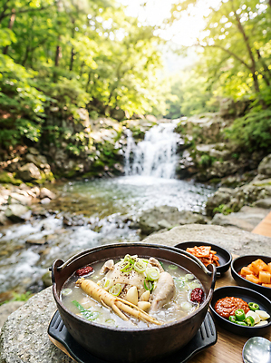 JPG 편집이미지 음식 채소 자연 탁자 반찬 산 요리 물 여름 계곡 흐름 백숙 편집실사 AI포토 AI콘텐츠 자연요소 계절 가구 컨셉 CG 생태계 파일형식 생활용품 오브젝트