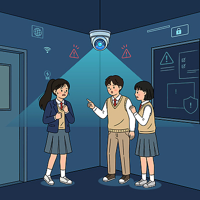 학생 일러스트 교실 학교 기술 대화 경고 안전 친구 모임 보안 감시 긴장 감시카메라 국내일러스트 AI파일 교육 감정 관계 말하기 카메라 파일형식 벡터 모션 전자제품