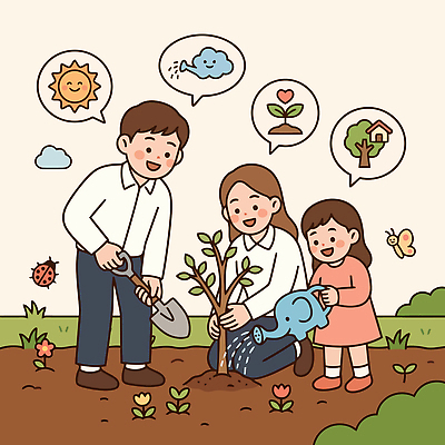 나무 식물 여자 남자 꽃 어린이 나비 일러스트 가족 자연 건강 햇빛 정원 흙 생태 삽 물주기 상쾌 심기 국내일러스트 AI파일 감정 곤충 관계 모션 사람 빛 생태계 파일형식 벡터 동물
