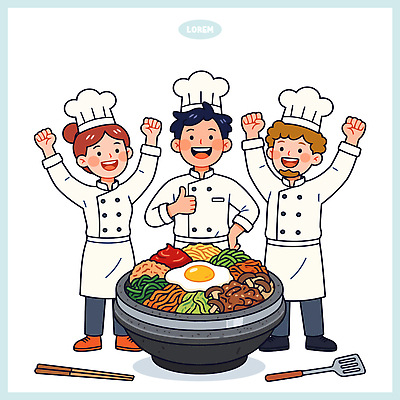 문화 한식 일러스트 협력 한국 요리 웃음 주방 레스토랑 요리사 즐거움 비빔밥 국내일러스트 AI파일 직업 감정 아시아 음식 표정 식당 파일형식 벡터 나라 상점