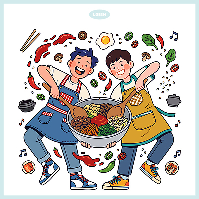 그릇 남자 한식 채소 일러스트 재료 함께함 요리 들기 친구 숟가락 식사 양념 국수 만들기 비빔밥 국내일러스트 AI파일 식기 음식 컨셉 관계 모션 수저 사람 면류 파일형식 벡터