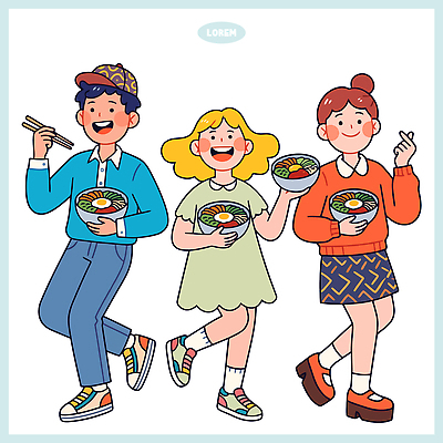 그릇 문화 한식 음식 채소 일러스트 웃음 들기 사람 친구 식사 즐거움 비빔밥 손하트 국내일러스트 AI파일 식기 감정 관계 모션 표정 손짓 파일형식 벡터