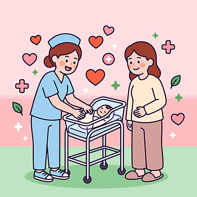 여자 행복 일러스트 가족 건강 병원 사랑 미소 부모 육아 간호사 아기 신생아 출산 보호 간호 환영 보살핌 산후조리원 국내일러스트 AI파일 감정 컨셉 의학 관계 표정 사람 의료진 파일형식 벡터 직업