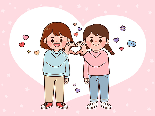 캐릭터 손 행복 분홍색 일러스트 함께함 사랑 웃음 소녀 친구 하트 즐거움 그림 국내일러스트 AI파일 모양 여자 감정 어린이 컬러 컨셉 관계 표정 신체부위 파일형식 벡터 사람