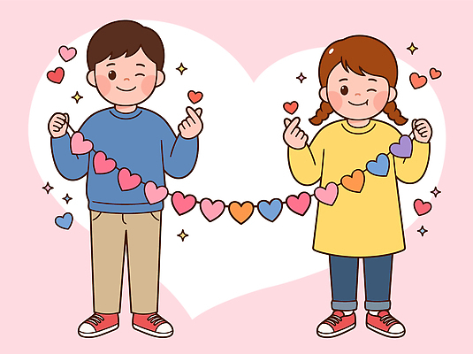 행복 어린이 분홍색 일러스트 놀이 사랑 미소 들기 소녀 소년 친구 하트 연결 즐거움 손하트 가랜드 국내일러스트 AI파일 모양 여자 남자 감정 컬러 관계 모션 표정 사람 손짓 파티용품 파일형식 벡터 파티 이벤트용품 이벤트 오브젝트