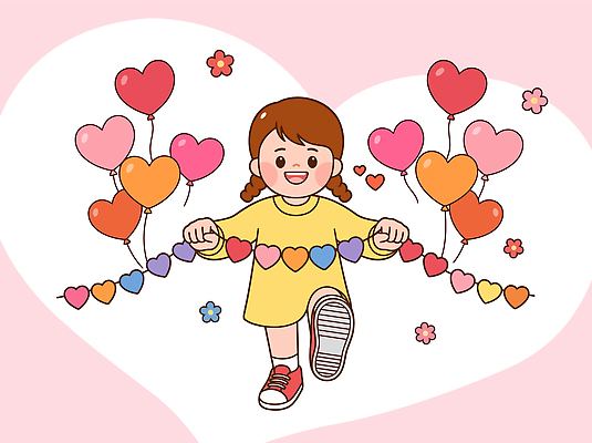 꽃 어린이 분홍색 일러스트 놀이 웃음 장식 하트 잡기 즐거움 풍선 국내일러스트 AI파일 모양 식물 감정 컬러 모션 표정 사람 파일형식 벡터