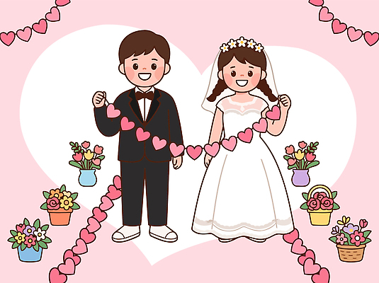 부부 꽃 화분 신부 분홍색 신랑 결혼 일러스트 결혼식 사랑 웃음 이벤트 장식 기쁨 하트 축하 잡기 분위기 오브젝트 국내일러스트 AI파일 모양 식물 커플 감정 컬러 컨셉 모션 표정 파일형식 벡터 관계