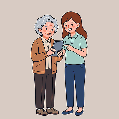 여자 노년 일러스트 함께함 기술 대화 웃음 사람 스마트폰 학습 스크린 정보 도움 가르침 소통 이해 국내일러스트 AI파일 교육 컨셉 표정 말하기 성인 핸드폰 스마트기기 파일형식 벡터 모션 전자제품
