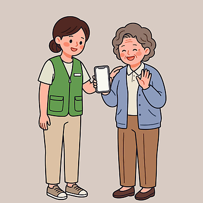 노년 일러스트 기술 이야기 대화 미소 사람 생활 스마트폰 도움 체험 자원봉사자 즐거움 소통 지원 국내일러스트 AI파일 감정 컨셉 표정 말하기 성인 핸드폰 스마트기기 파일형식 벡터 모션 전자제품