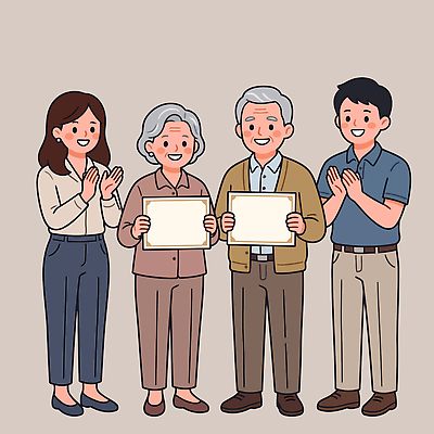 일러스트 가족 기념 웃음 사람 이벤트 여러명 기쁨 축하 도움 그룹 박수 상 시상 국내일러스트 AI파일 감정 다수 컨셉 관계 표정 손짓 상패 파일형식 벡터 모션 우승 최고