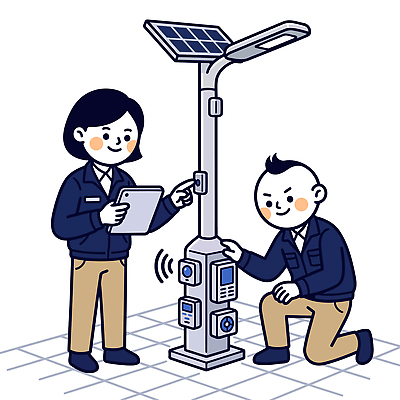 일러스트 조명 거리 기술 안전 야외 두명 기계 장비 작업 전기에너지 태양에너지 설비 스위치 점검 국내일러스트 AI파일 사람 에너지 그린에너지 시설 파일형식 벡터