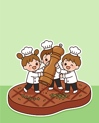 어린이 음식 일러스트 협력 육류 스테이크 요리 웃음 세명 요리사 작업 맛 즐거움 레시피 후추 국내일러스트 AI파일 직업 감정 컨셉 식재료 서양음식 표정 사람 향신료 파일형식 벡터 향미료 양념