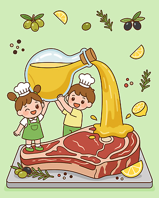 어린이 음식 일러스트 재료 육류 스테이크 요리 웃음 친구 요리사 붓기 맛 올리브오일 레몬 올리브 로즈메리 국내일러스트 AI파일 직업 열매 컨셉 과일 식재료 관계 모션 서양음식 표정 사람 기름 허브 파일형식 벡터 식물