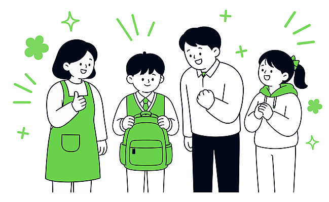 학생 교육 행복 가방 일러스트 가족 응원 대화 웃음 부모 희망 기쁨 모임 소통 국내일러스트 AI파일 잡화 감정 컨셉 관계 표정 말하기 파일형식 벡터 모션