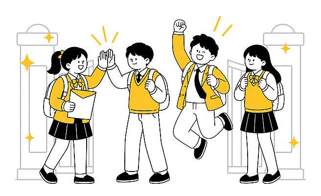 학생 여학생 교복 남학생 가방 일러스트 학교 응원 웃음 친구 만남 인사 즐거움 하이파이브 국내일러스트 AI파일 잡화 옷 여자 교육 남자 감정 컨셉 관계 표정 손짓 예절 파일형식 벡터 모션 사람
