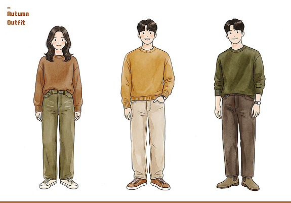 PSD 여자 남자 일러스트 바지 캐주얼 세명 스웨터 그림 옷입기 코디 가을옷 스타일 오오티디 국내일러스트 옷 패션 상의 모션 하의 사람 가을 신조어 파일형식 계절 유행어 유행