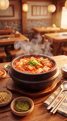 JPG 편집이미지 한식 재료 탁자 반찬 한국 따뜻함 요리 식당 식사 김치찌개 이미지편집 AI컴퓨터그래픽 AI콘텐츠 아시아 음식 가구 상점 찌개 파일형식 나라 생활용품 오브젝트
