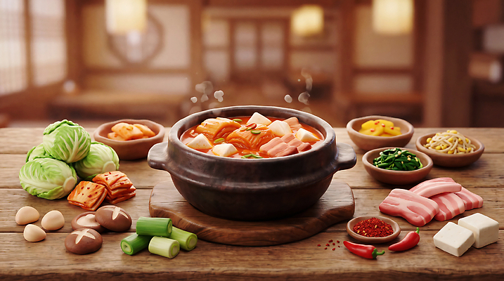 JPG 편집이미지 한식 채소 재료 식탁 김치 마늘 육류 버섯 양념 냄비 두부 국물 파 김치찌개 이미지편집 AI컴퓨터그래픽 AI콘텐츠 음식 식재료 탁자 솥 찌개 파일형식 가구 주방용품 생활용품 오브젝트