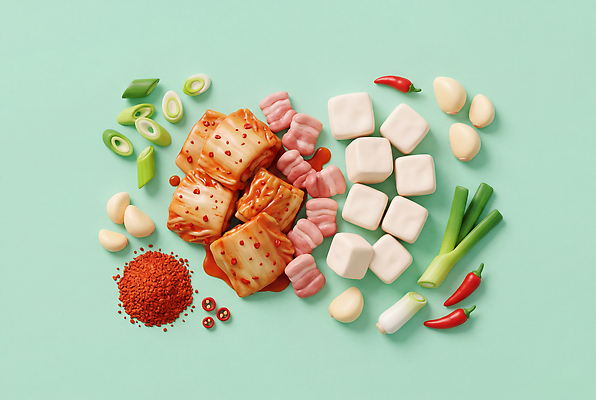 JPG 편집이미지 한식 채소 재료 고추 김치 마늘 육류 요리 식사 맛 김치찌개 이미지편집 AI컴퓨터그래픽 AI콘텐츠 음식 컨셉 식재료 찌개 파일형식
