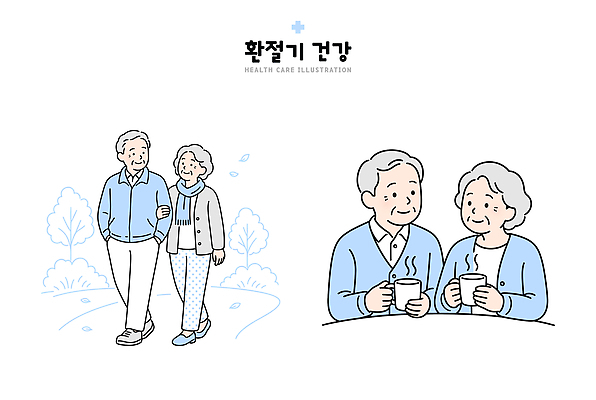 부부 노년 감정 여유 일러스트 관계 대화 사랑 웃음 일상 걷기 건강관리 손잡기 산책 소통 환절기 국내일러스트 AI파일 커플 계절 컨셉 모션 휴식 표정 건강 관리 말하기 성인 라이프 파일형식 벡터 사람 생활