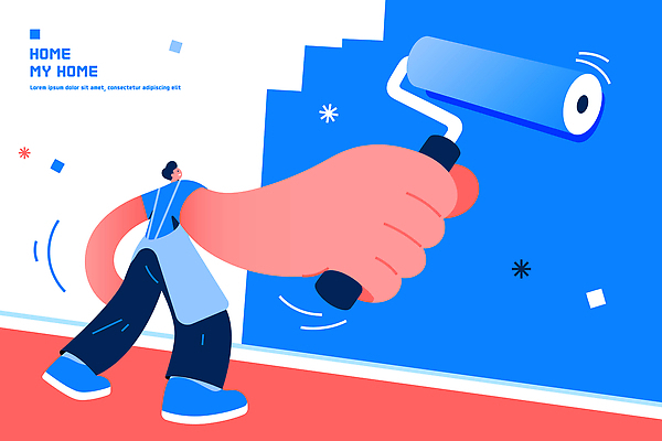 디자인 벽 일러스트 주택 사람 생활 장식 파란색 인테리어 방 도구 작업 색칠 페인트칠 그림 롤러 스타일 국내일러스트 AI파일 컬러 페인팅 건물 파일형식 벡터 건축물 건축