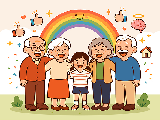 할아버지 노년 행복 할머니 어린이 무지개 일러스트 가족 함께함 사랑 웃음 사람 소녀 생활 친구 즐거움 소통 치매 치매극복의날 국내일러스트 AI파일 자연요소 여자 기념일 남자 감정 컨셉 관계 표정 성인 질병 파일형식 벡터 의학 이벤트