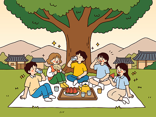 나무 여자 남자 음료 과일 일러스트 자연 대화 웃음 잔디 여름 친구 햇빛 소풍 모임 수확 가을 즐거움 국내일러스트 AI파일 식물 계절 감정 농업 관계 표정 말하기 사람 빛 야외활동 생태계 파일형식 벡터 산업 모션