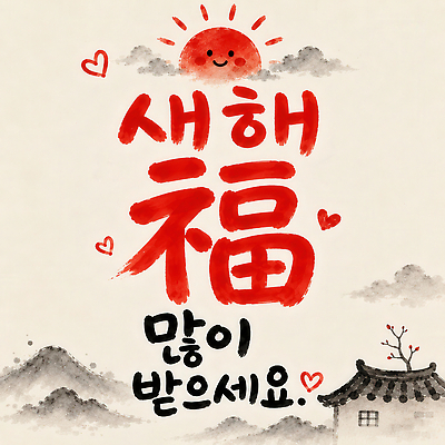 JPG 문자 전통 행복 문화 일러스트 한국 태양 기쁨 새해인사 하트 복 메시지 2027년 국내일러스트 AI일러스트 AI콘텐츠 자연요소 모양 감정 아시아 새해 한자 인사 연도 파일형식 나라 예절