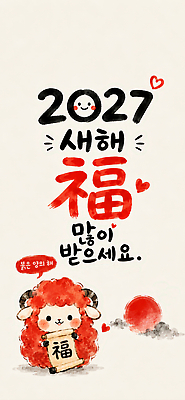 JPG 전통 일러스트 빨간색 귀여움 새해인사 양띠 양 복 메시지 2027년 국내일러스트 AI일러스트 AI콘텐츠 붉은양 컬러 컨셉 포유류 새해 한자 십이지신 인사 연도 파일형식 동물 문자 예절