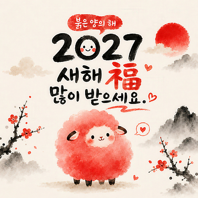 JPG 전통 꽃 일러스트 수채화 빨간색 태양 귀여움 새해인사 마음 양 복 메시지 2027년 국내일러스트 AI일러스트 AI콘텐츠 붉은양 자연요소 식물 컬러 컨셉 포유류 새해 한자 인사 연도 파일형식 동물 문자 예절