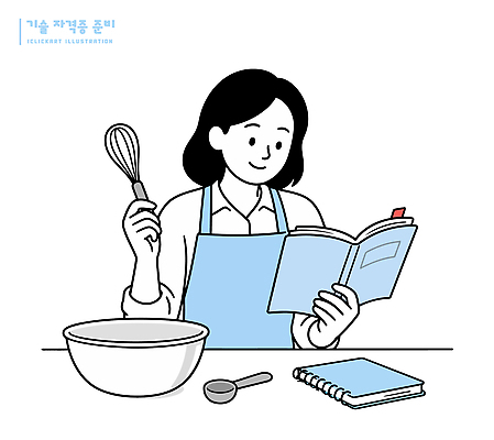 여자 음식 일러스트 재료 요리 책 학습 주방 요리사 식사 도구 즐거움 준비 레시피 계량컵 요리책 자격증 혼자 국내일러스트 AI파일 직업 교육 감정 사람 컵 계량 증명서 파일형식 벡터 식기