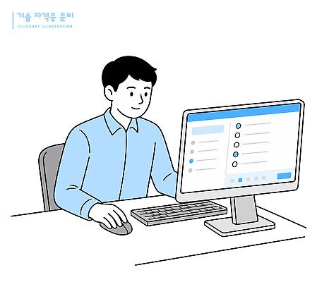 남자 일러스트 기술 앉기 일상 전자제품 학습 컴퓨터 사무실 스크린 모니터 자료 정보 키보드 마우스 작업 집중 준비 소프트웨어 자격증 프로그램 사용자 국내일러스트 AI파일 교육 컨셉 비즈니스 모션 사람 라이프 컴퓨터용품 증명서 파일형식 벡터 생활 오브젝트