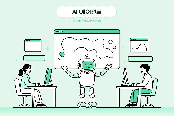 일러스트 미래 협력 기술 사람 일상 컴퓨터 사무실 디지털 스크린 업무 작업 사무원 로봇 온라인 소프트웨어 AI_인공지능 국내일러스트 AI파일 직업 컨셉 비즈니스 라이프 전자제품 파일형식 벡터 생활