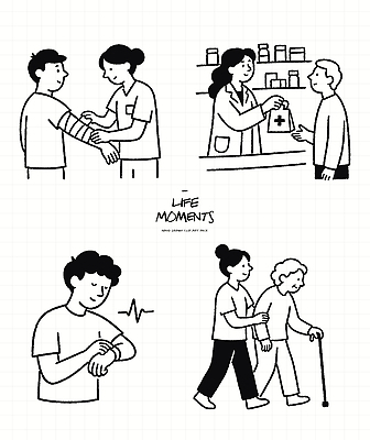 손 노년 일러스트 의학 건강 병원 관리 사람 여러명 일상 라이프 생활 치료 약 의사 도움 낙서 상처 약국 체크 붕대 붕대감기 약사 국내일러스트 AI파일 다수 컨셉 성인 신체부위 의료진 감싸기 파일형식 벡터 직업 모션