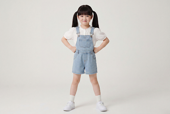 JPG 편집이미지 옷 여자 패션 어린이 포즈 멜빵바지 의료성형뷰티 편집실사 AI인물포토 AI콘텐츠 바지 사람 멜빵 CG 파일형식 AI포토 잡화 하의