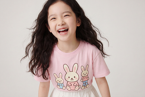 JPG 편집이미지 여자 패션 어린이 티셔츠 반바지 표정 웃음 소녀 귀여움 토끼 의료성형뷰티 편집실사 AI인물포토 AI콘텐츠 컨셉 셔츠 바지 포유류 사람 반려동물 CG 파일형식 AI포토 동물 상의 하의 옷