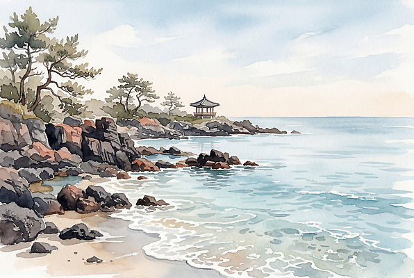 JPG 나무 물결 바다 여행 일러스트 자연 수채화 한국 풍경 해변 바위 정자 국내일러스트 AI일러스트 AI콘텐츠 식물 아시아 생태계 파일형식 나라