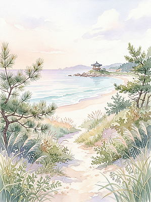 JPG 나무 길 모래 바다 여행 일러스트 자연 수채화 산 풍경 해변 일출 일몰 산책 풀 정자 풍경화 국내일러스트 AI일러스트 AI콘텐츠 식물 휴식 노을 그림 생태계 파일형식 자연요소 컨셉