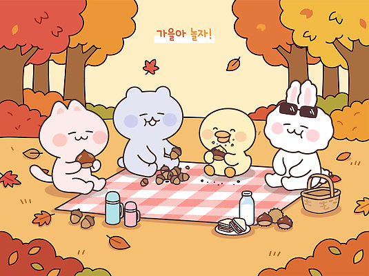 나무 캐릭터 단풍 일러스트 곰 자연 나뭇잎 디저트 오리 웃음 친구 소풍 고양이 모임 가을 토끼 즐거움 도토리 국내일러스트 AI파일 식물 동물 계절 감정 음식 잎 포유류 관계 조류 표정 반려동물 야외활동 견과류 생태계 파일형식 벡터