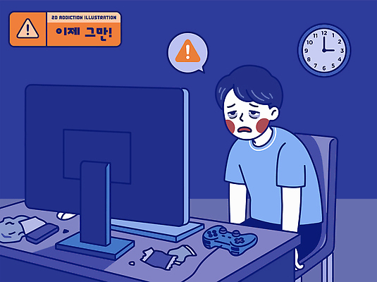 남자 감정 시계 일러스트 기술 표정 경고 취미 친구 컴퓨터 스크린 방 슬픔 게임 체험 중독 소통 혼자 국내일러스트 AI파일 컨셉 관계 놀이 사람 전자제품 파일형식 벡터