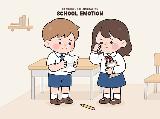 학생 감정 어린이 일러스트 교실 학교 협력 대화 친구 울음 걱정 그림 시험지 문제 갈등 위로 소통 지원 국내일러스트 AI파일 교육 컨셉 관계 표정 말하기 사람 파일형식 벡터 모션