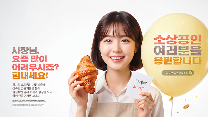 PSD 편집이미지 빵 비즈니스 응원 미소 웃음 이벤트 상점 메시지 크루아상 고객 직원 풍선 지원 소상공인 이미지편집 직업 음식 표정 경제 상인 파일형식