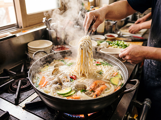 JPG 편집이미지 채소 재료 주방용품 요리 주방 요리사 식사 면류 팬 수증기 해산물 레시피 해물칼국수 편집실사 AI인물포토 AI콘텐츠 직업 음식 생활용품 CG 칼국수 파일형식 AI포토 한식 오브젝트 국수