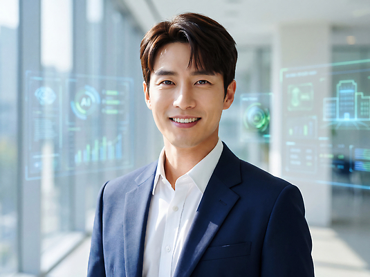 JPG 편집이미지 남자 비즈니스 기술 웃음 사무실 스크린 자료 정보 분석 전문 의료성형뷰티 이미지편집 AI인물포토 AI콘텐츠 컨셉 표정 사람 파일형식 AI포토