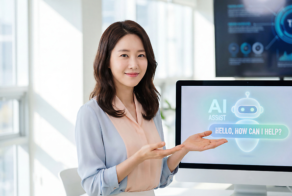 JPG 편집이미지 여자 안내 기술 컴퓨터 사무실 스크린 작업 도움 직원 소통 의료성형뷰티 AI_인공지능 이미지편집 AI인물포토 AI콘텐츠 컨셉 비즈니스 사람 전자제품 파일형식 AI포토