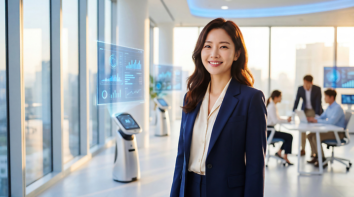 JPG 편집이미지 여자 비즈니스 회의 협력 기술 웃음 풍경 사무실 스크린 자료 도시 의료성형뷰티 이미지편집 AI인물포토 AI콘텐츠 표정 사람 파일형식 AI포토