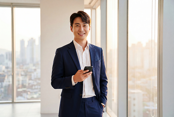 JPG 편집이미지 옷 남자 포즈 비즈니스 창문 웃음 건물 스마트폰 사무실 도시 의료성형뷰티 이미지편집 AI인물포토 AI콘텐츠 건축물 표정 사람 핸드폰 스마트기기 파일형식 AI포토 건축 전자제품