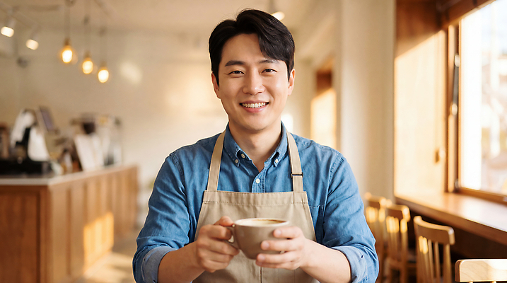 JPG 편집이미지 남자 행복 커피 음료 미소 사람 카페 서비스 의료성형뷰티 소상공인 편집실사 AI인물포토 AI콘텐츠 직업 감정 표정 경제 상점 상인 CG 파일형식 AI포토