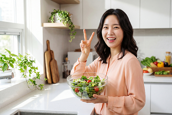 JPG 편집이미지 그릇 여자 음식 채소 건강 요리 웃음 주방 식사 샐러드 신선 브이 의료성형뷰티 편집실사 AI인물포토 AI콘텐츠 식기 표정 사람 손짓 CG 파일형식 AI포토 모션