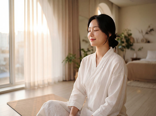 JPG 편집이미지 여자 포즈 휴식 실내 방 마음 편안함 집중 명상 의료성형뷰티 편집실사 AI인물포토 AI콘텐츠 컨셉 사람 내부 감각 CG 파일형식 AI포토